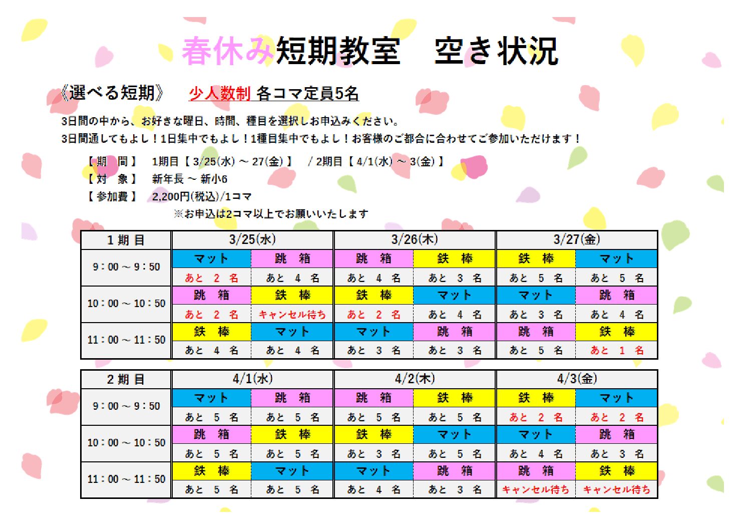 🌸春休み短期教室🌸【空き状況】 | マックスポーツ プラット 堺北花田（大阪府堺市）｜体育スクール　体操教室